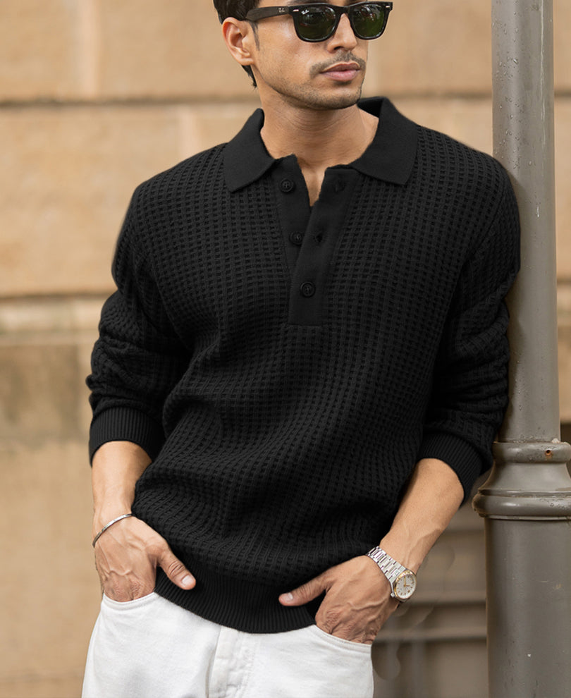 Black Structured Knit Polo T-Shirt