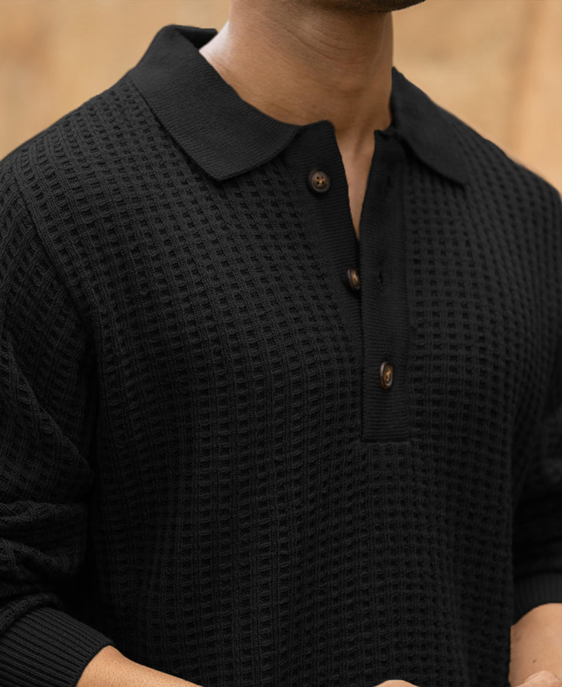 Black Structured Knit Polo T-Shirt