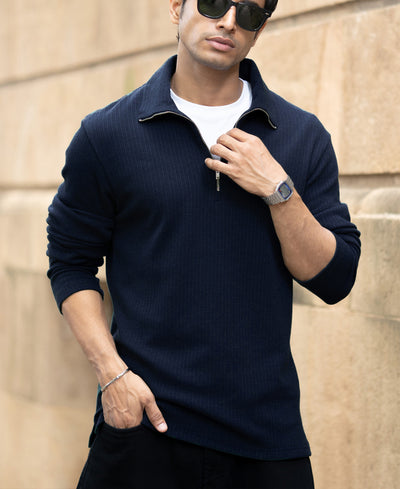 Denim Blue Structured Zipper T-Shirt