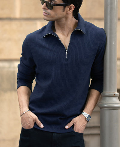 Denim Blue Structured Zipper T-Shirt