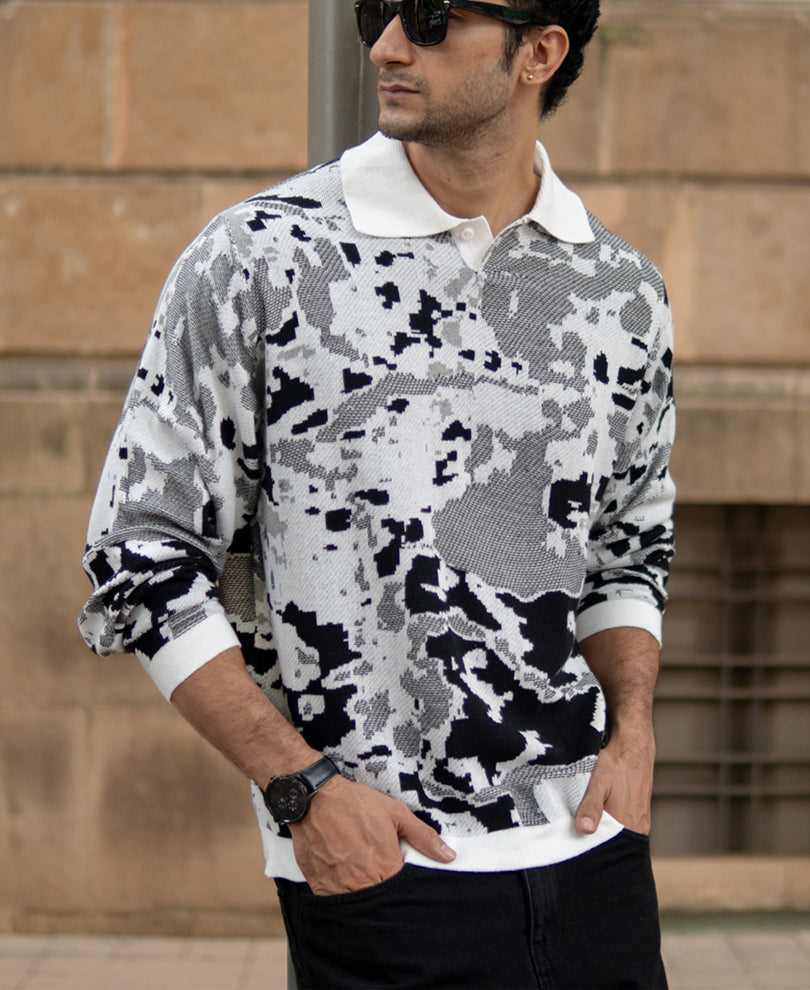Grey Jacquard Knit T-Shirt 100% Cotton