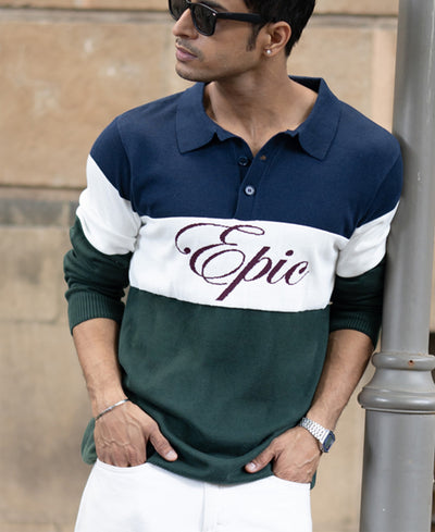 Navy And Green Panelled Polo T-Shirt