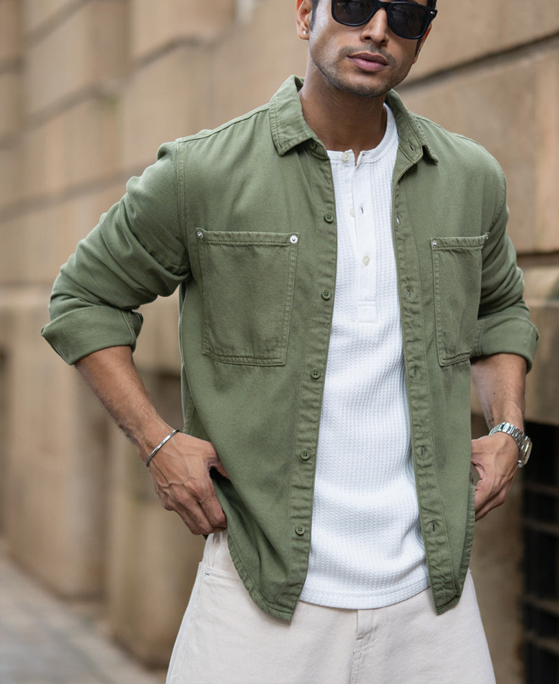 Green Textured Cotton Overshirt