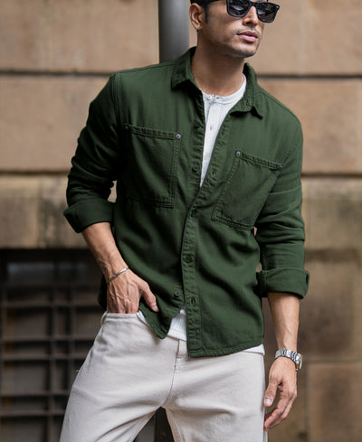 Pine Green Textured Cotton Overshirt