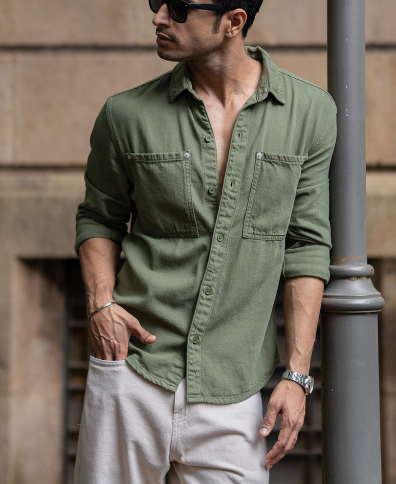 Green Textured Cotton Overshirt