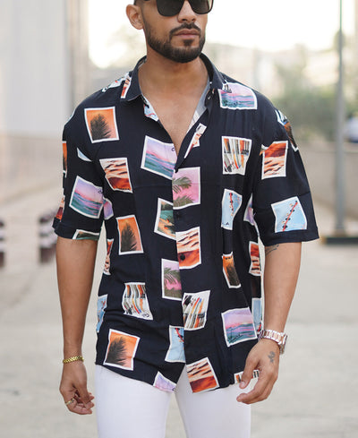Black Beach Print Oversize Drop Shoulder Shirt