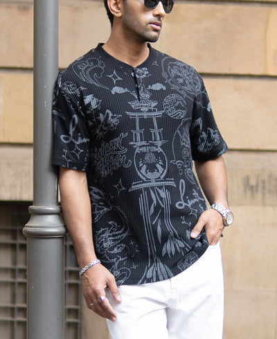 Black Japanese Print Henley T-Shirt