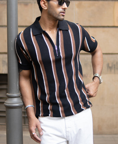 Multicolour Knitted Stripe Zipper T-Shirt