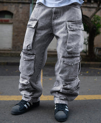 Grey Multi Pockets Baggy Fit Cargo Denim Jeans