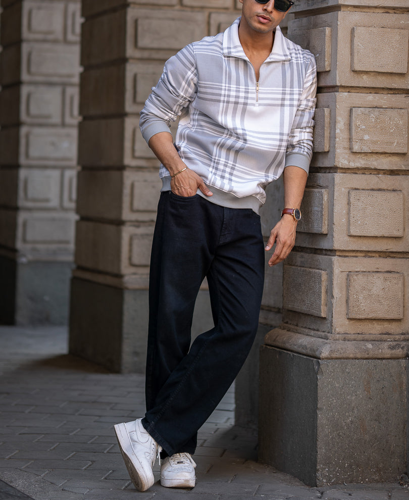 Grey Checked Regular Fit Sweatshirt