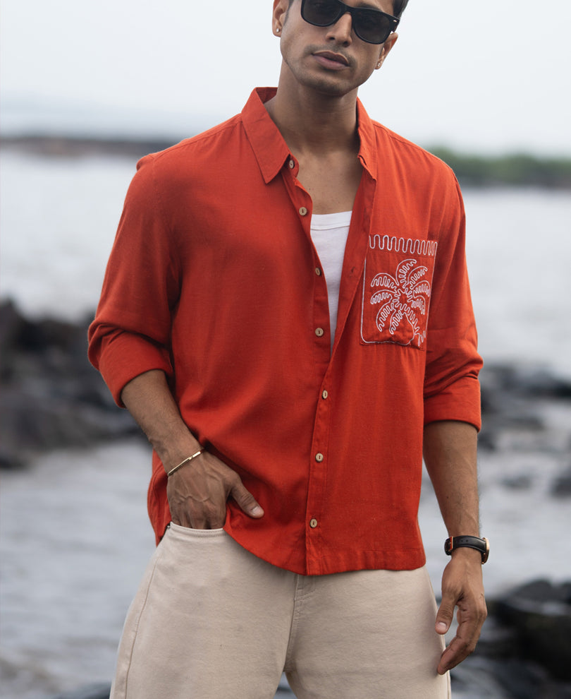 Spicy Orange Linen Blend Embroidery Shirt