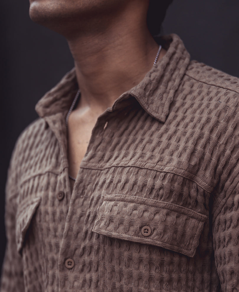 Brown Structured Oversized Double Pocket Half Sleeves Shirt