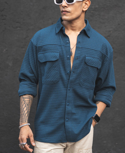 Teal Blue Structured Knit Shacket Oversized Shirt