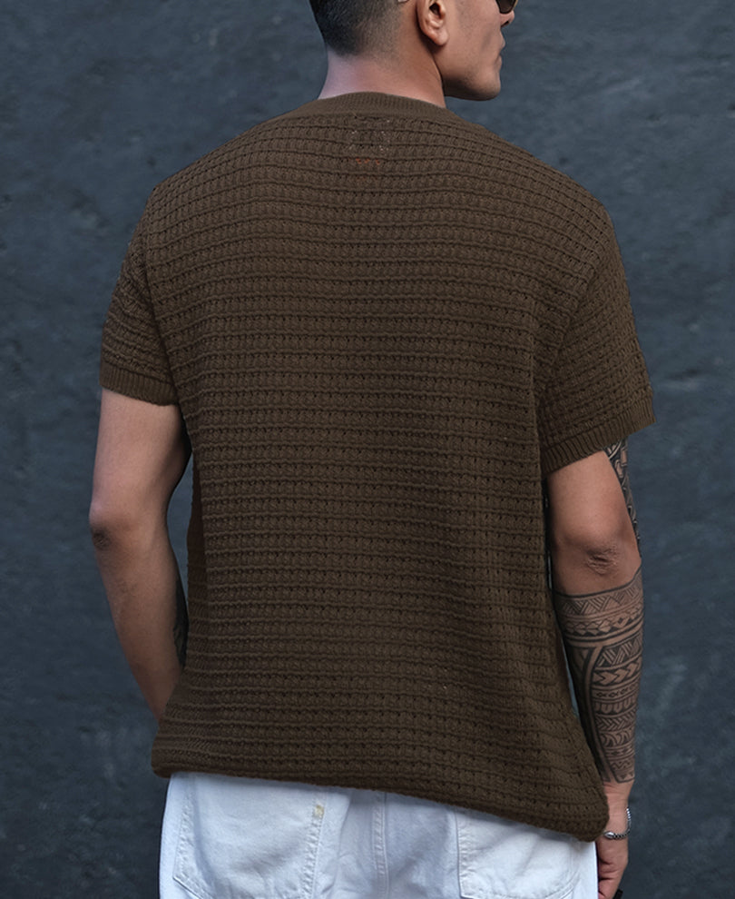 Coffee Brown Crochet Regular Half Sleeves T Shirt