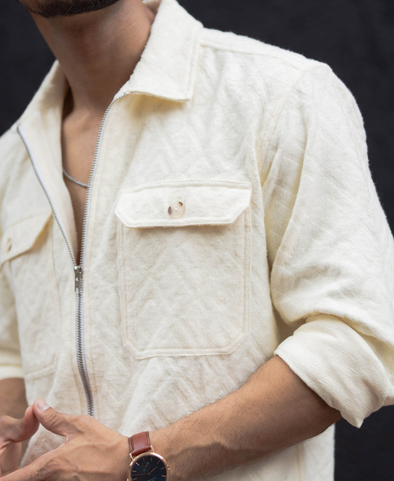 Cream Zip Style Full Sleeves Regular Fit Shirt