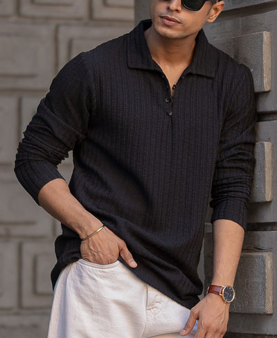 Black Self Stripe Polo T-Shirt