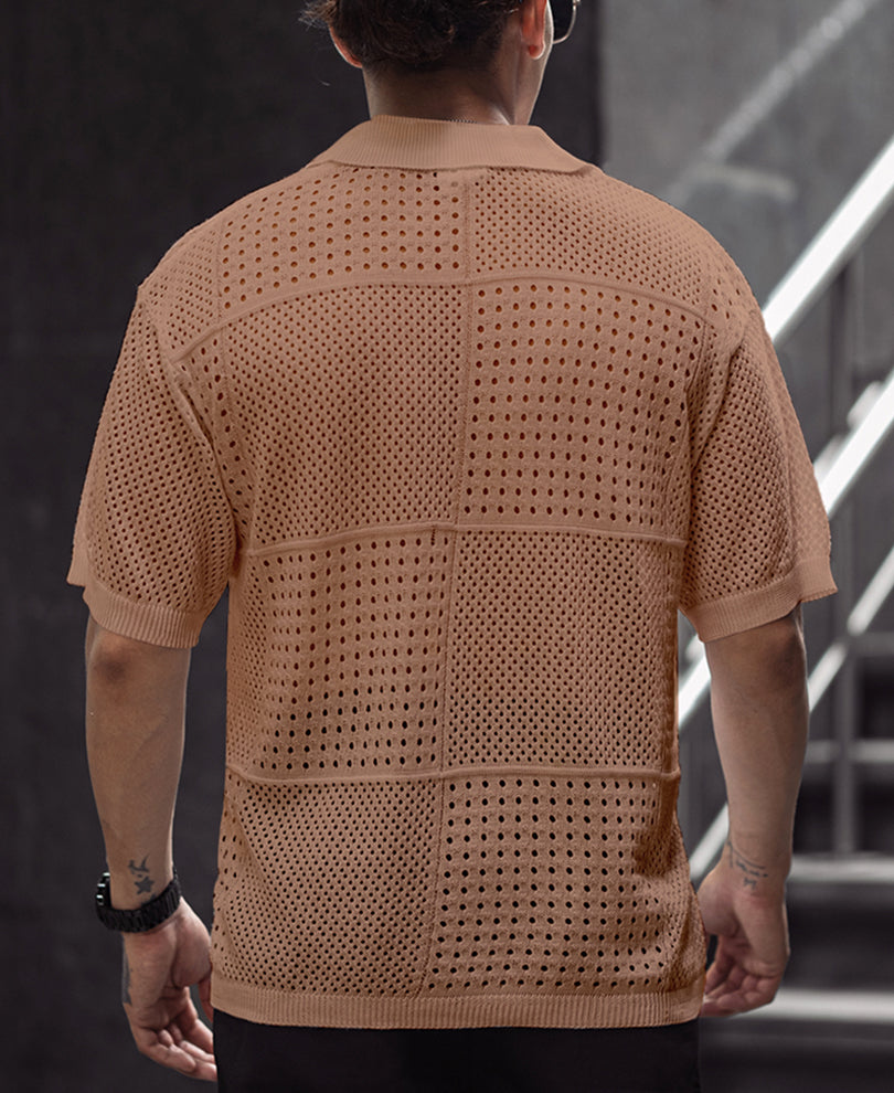 Brown Half Sleeves Oversized Crochet T-Shirt