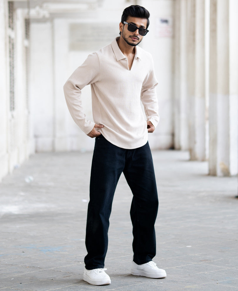 Beige Corduroy Regular Fit Full Sleeves T-Shirt