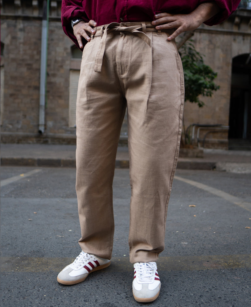 Beige Cotton Pant With Belt