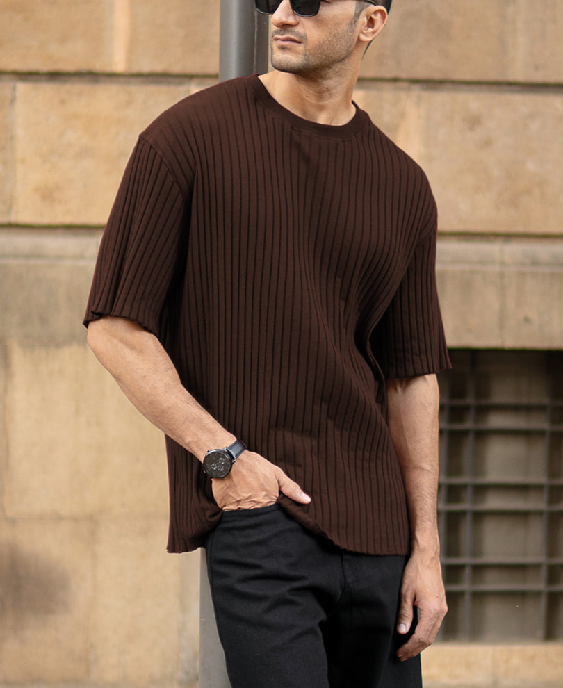 Buy Dark Brown Oversized Rib Knit T-Shirt Mens Stylish Shirt
