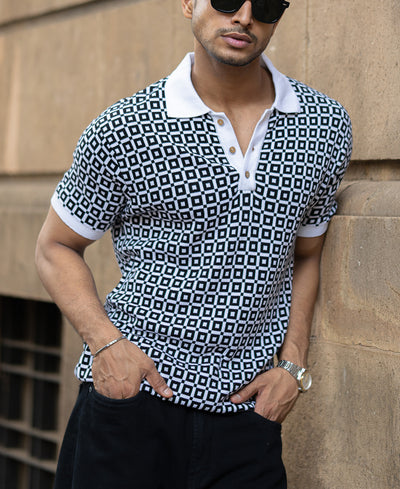 Black Jacquard Contrast Collar T-Shirt