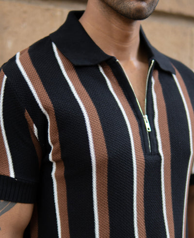 Multicolour Knitted Stripe Zipper T-Shirt