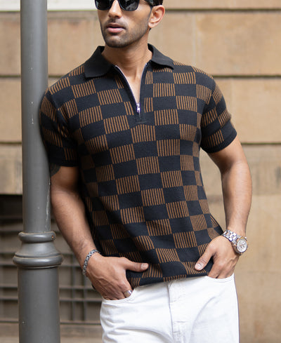 Brown And Black Jacquard Knit T-Shirt