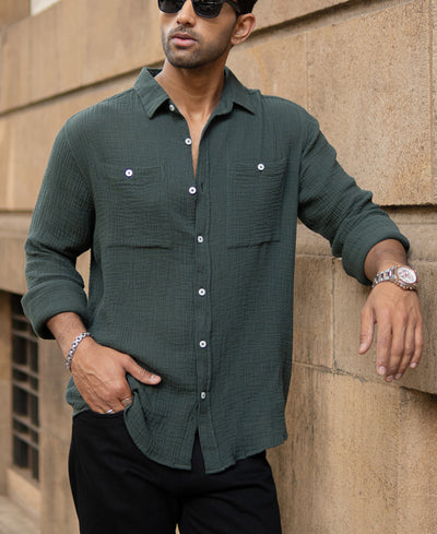 Olive Crinkled Shirt With Pockets