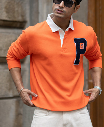 Orange Polo Collar Oversize Drop Shoulder Sweatshirt