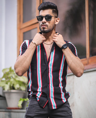 Black Multi Color Vertical Stripe Half Sleeves Shirt