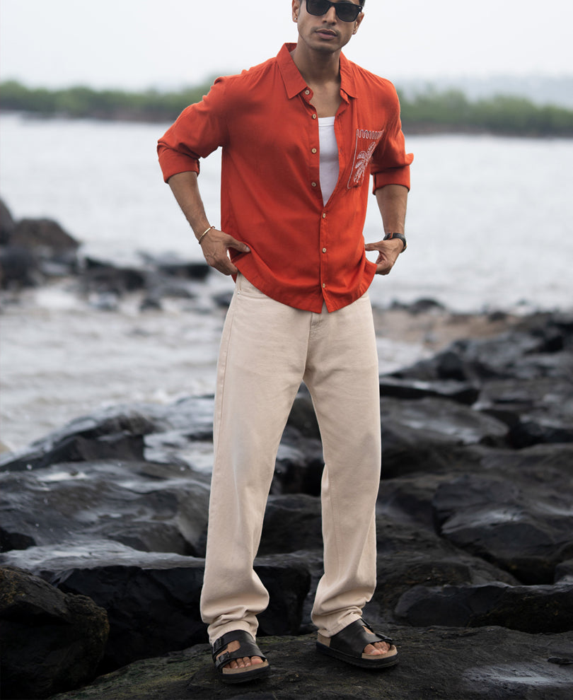 Spicy Orange Linen Blend Embroidery Shirt