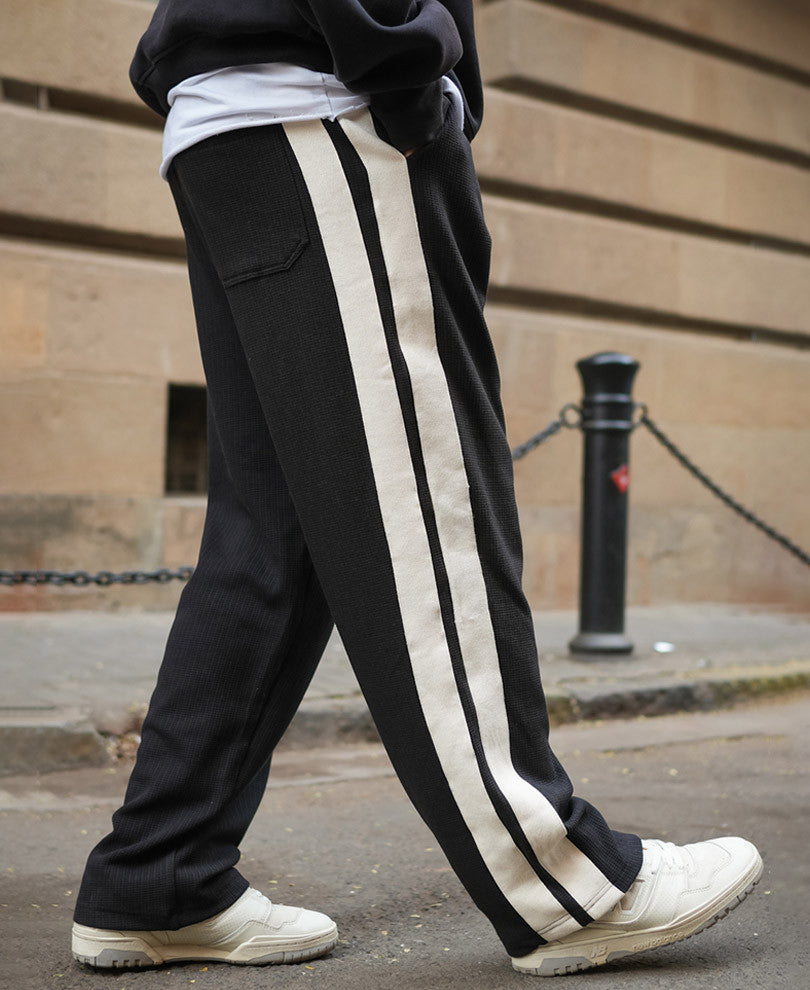 Black and Cream Striped Baggy Fit Track Pant