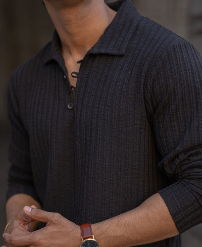 Black Self Stripe Polo T-Shirt