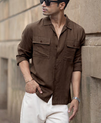 Brown Linen Double Pocket Shirt