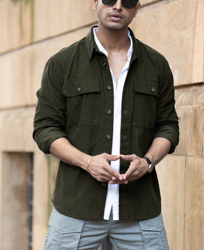 Olive Corduroy Shirt With Pockets