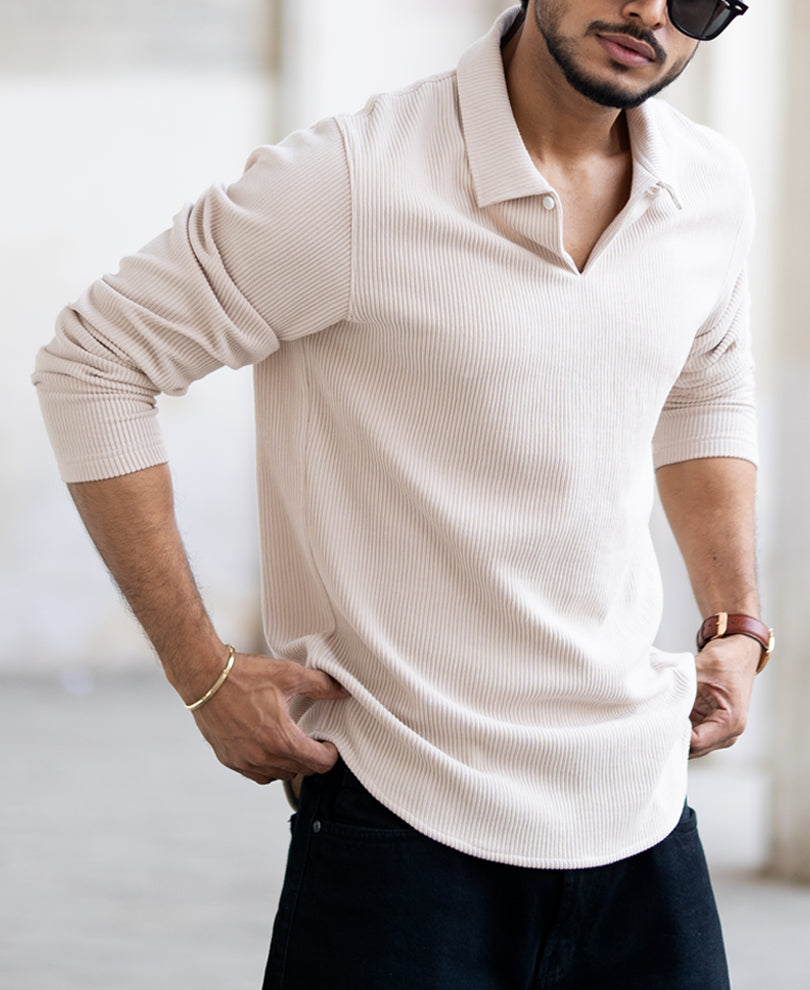 Beige Corduroy Regular Fit Full Sleeves T-Shirt