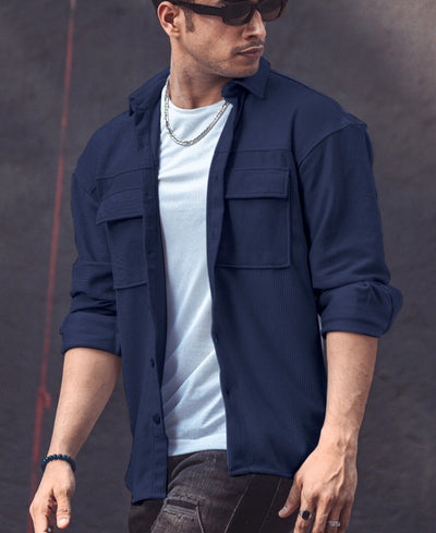 Navy Blue Pocket Oversize Shacket Drop Shoulder Shirt