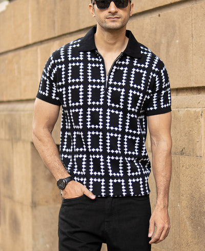 Black Knit Zipper Polo T-Shirt