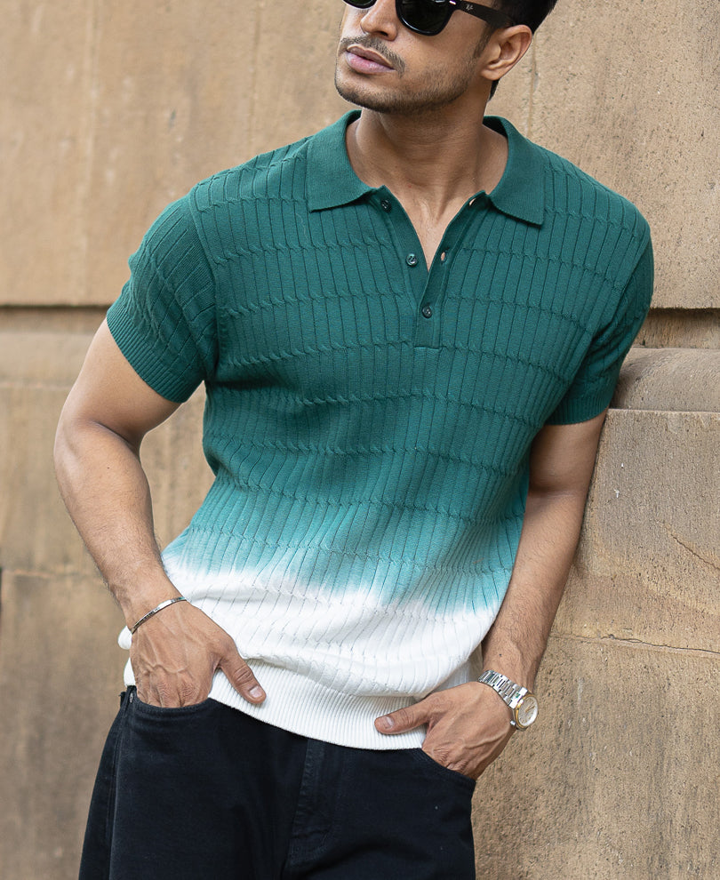 Green Knit Ombre Half Sleeves T-Shirt