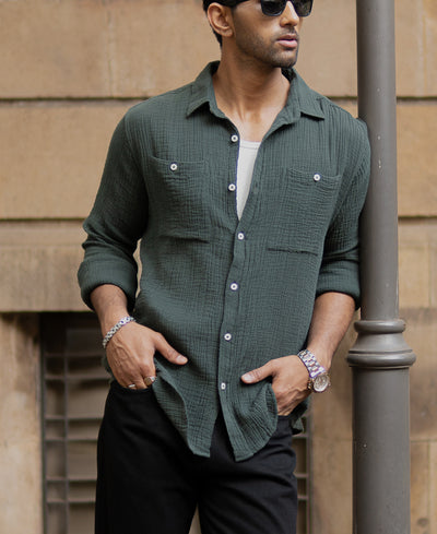 Olive Crinkled Shirt With Pockets
