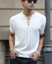 White Knitted Regular Fit Henley T-Shirt