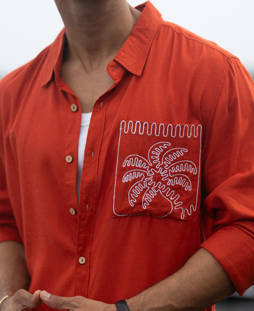 Spicy Orange Linen Blend Embroidery Shirt