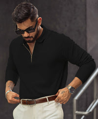 Black Regular Fit Full Sleeves Collar Neck T-Shirt With Chain