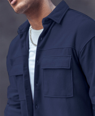 Navy Blue Pocket Oversize Shacket Drop Shoulder Shirt