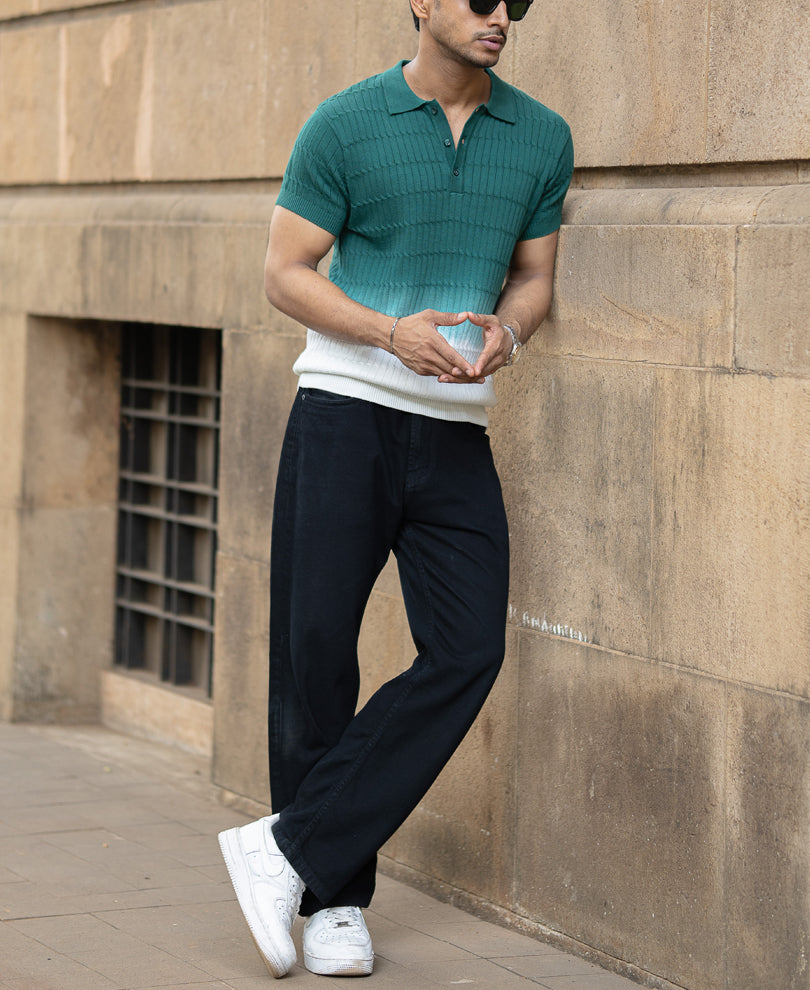 Green Knit Ombre Half Sleeves T-Shirt