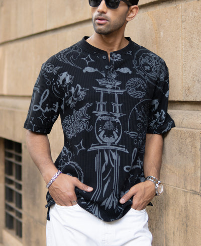 Black Japanese Print Henley T-Shirt