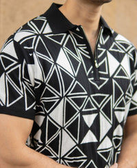 Black Geometric Knit Polo T-Shirt