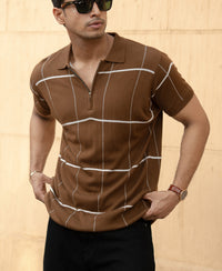 Brown Knitted Checks T-Shirt
