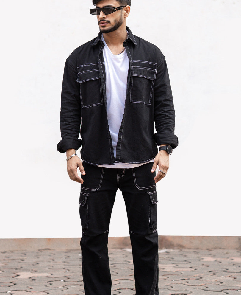 Black Contrast Stitch Oversize Drop Shoulder Shirt D
