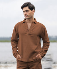 Brown Striuctured Cotton Kurta Shirt